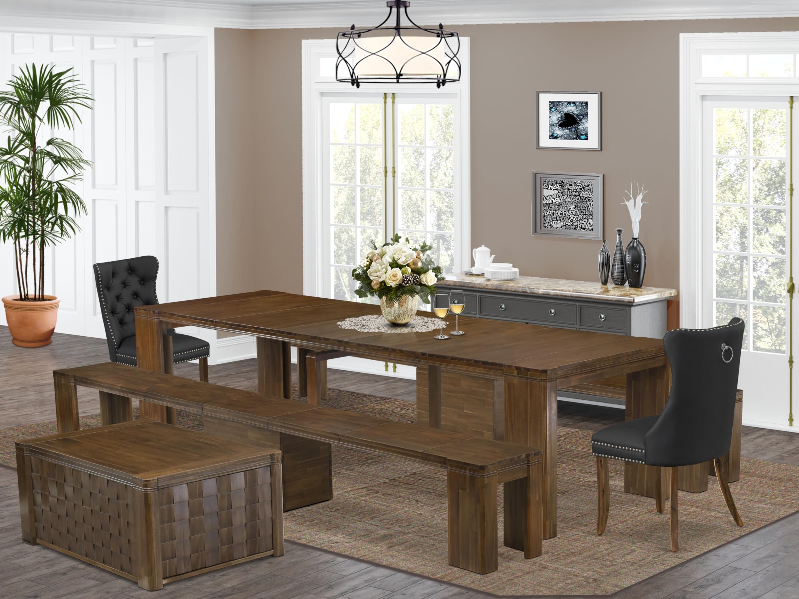Luxe by East West Furniture - X02DA-2C8-12 - 6 Pieces Dining Set Includes an Extendable Rectangle Kitchen Table, 1 Coffee Table, 2 Dining Chairs and 2 Modern Benches, 39x120 Inch, Antique Walnut